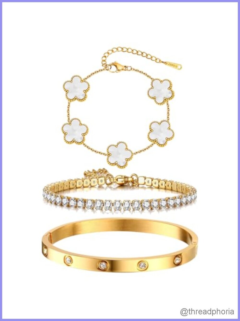 18K Gold Plated 3Pc Bracelet Set Women Stackable Bangle Tennis Chain Clover